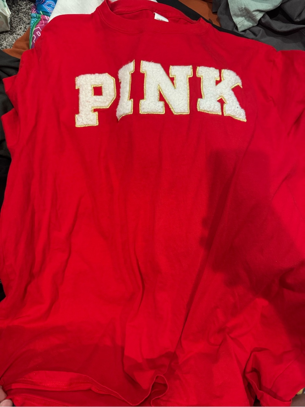 PINK Victoria's Secret Red Short Sleeve Logo Tee with White Puff Letters